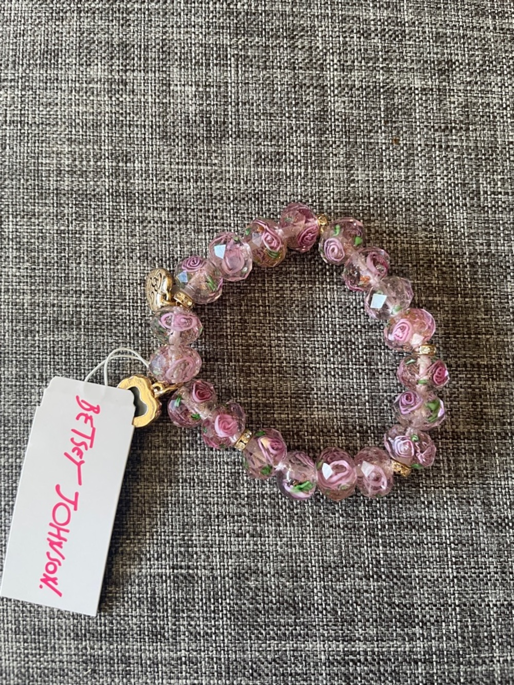 Betsey Johnson Pink Rose Glass Bead Stretch Bracelet with Gold Accents